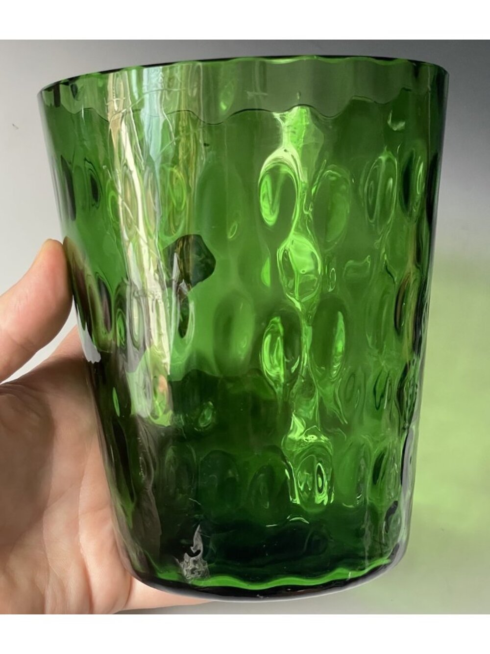 Mid-Century RETRO Vintage Green Thumbprint Optic Art Glass Vase / Ice Bucket